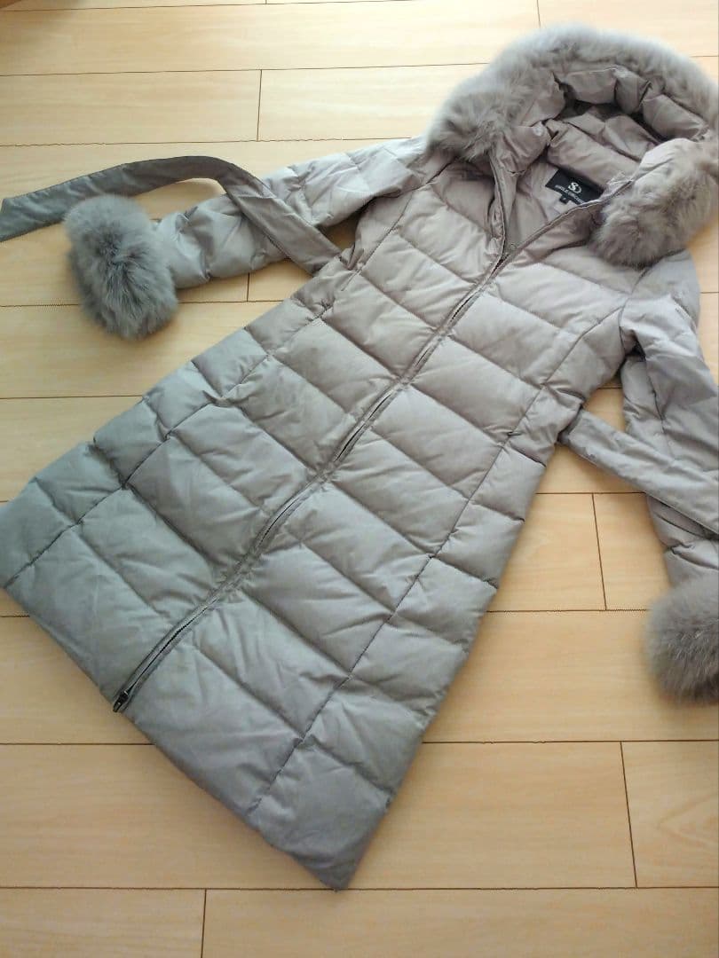 フォックスファー ロングダウンコート S グレー