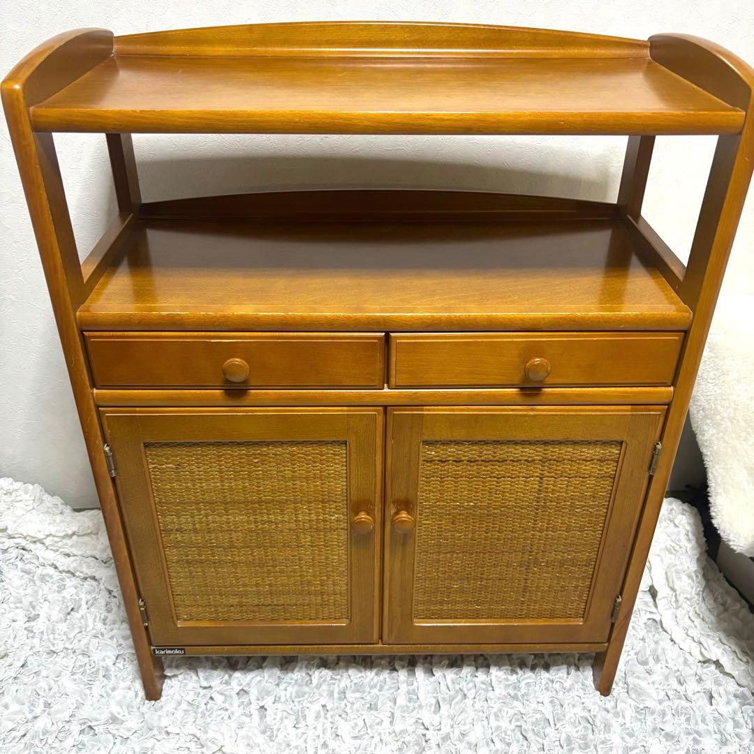 希少　オールドカリモク　ラタン　電話台　FAX台　キャビネット