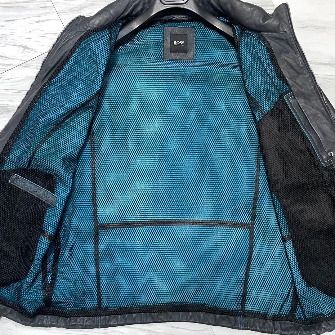 希少2XL 極上ラムレザー⭐️ヒューゴボス レザージャケット 裏地ブルー 濃紺