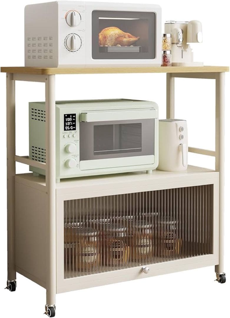 食器棚 レンジラックキャスター付きレンジ台 キッチンラック 扉付き クリーム色