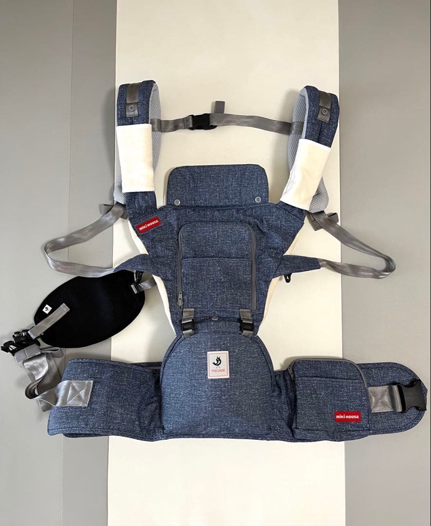 【状態良】ミキハウス×ポグネー　ヒップシート付抱っこ紐　インディゴブルー