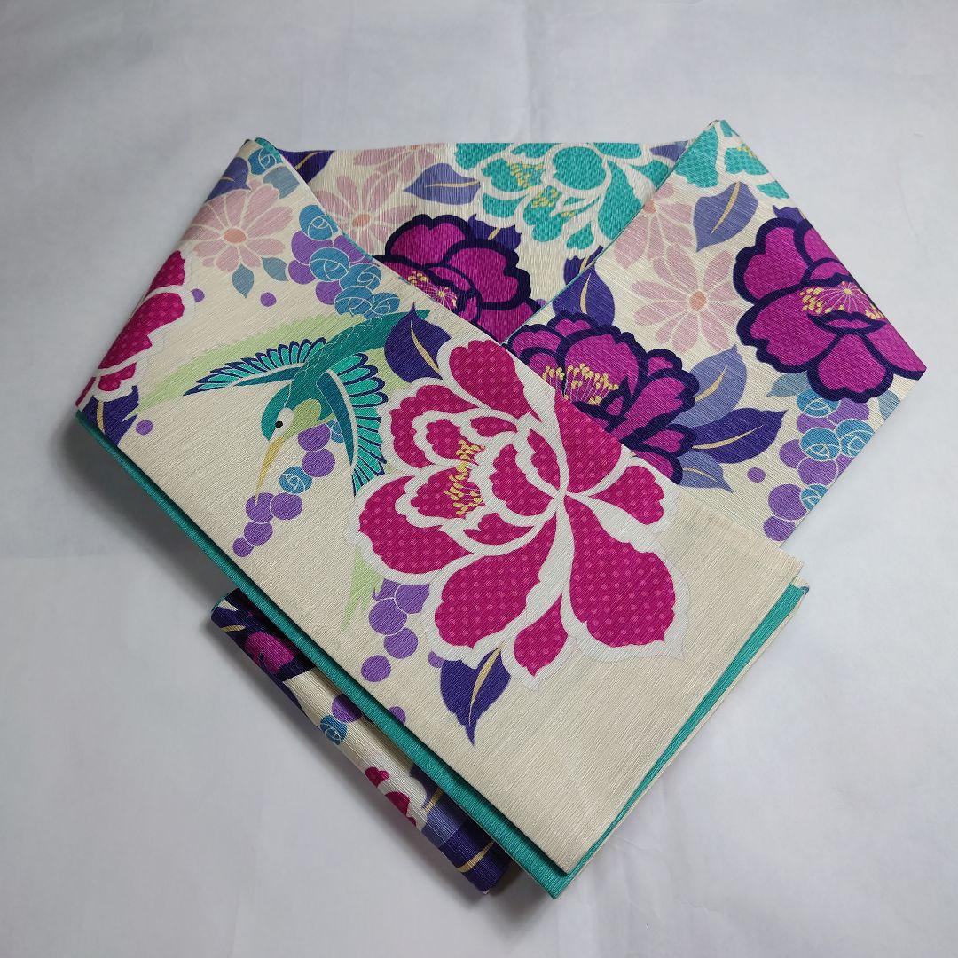 正絹 半幅帯 wakka ワッカ ハチドリ 大花 図案 訳あり