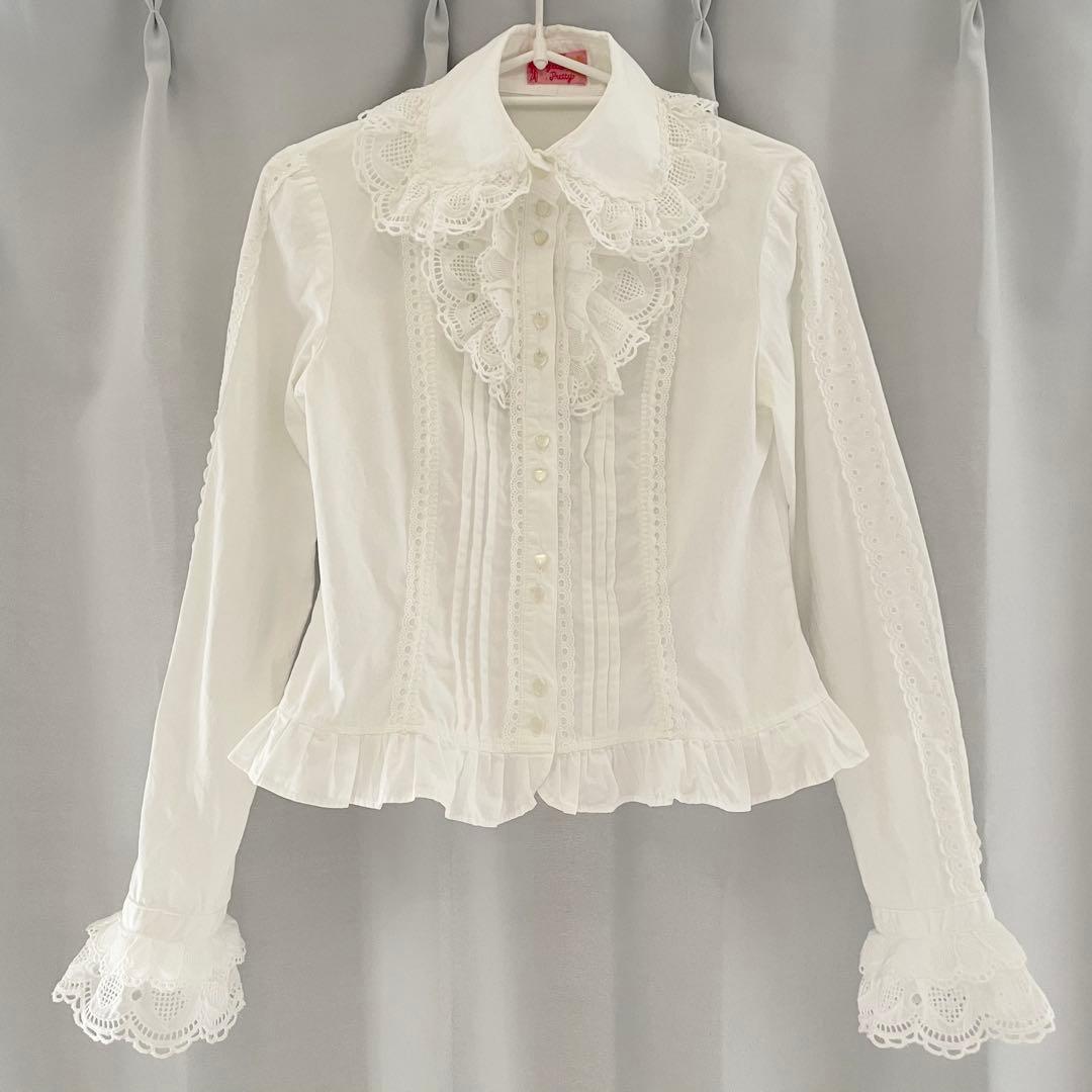 アンジェリックプリティ 長袖綿ハートレース リボンタイ付き ブラウス 白 難あり