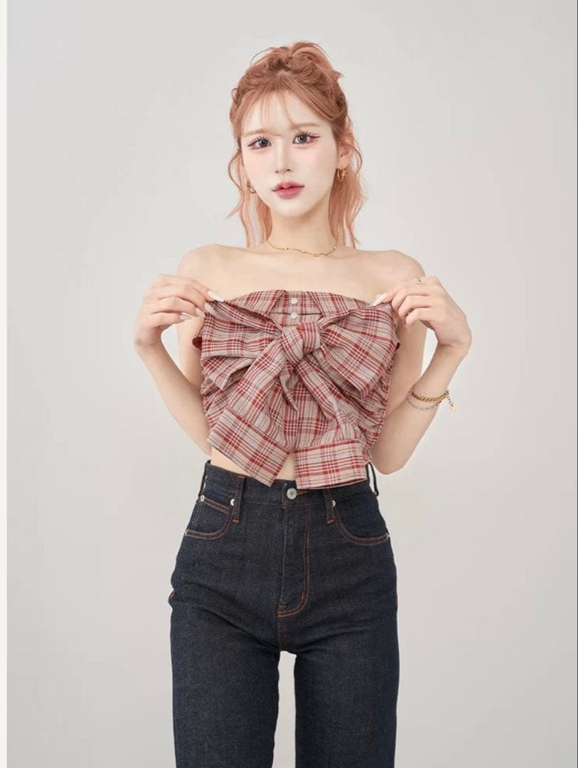 未使用タグ付きダーリッチ　タータンチェックリボンベアトップ　レッド