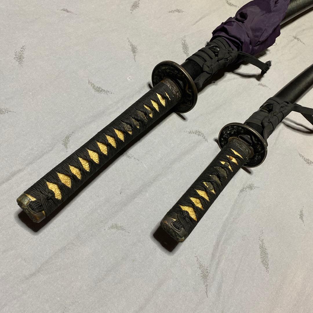 模造刀大(刀袋付)小2本 黒柄 雲龍楕円鍔 黒梨地鞘