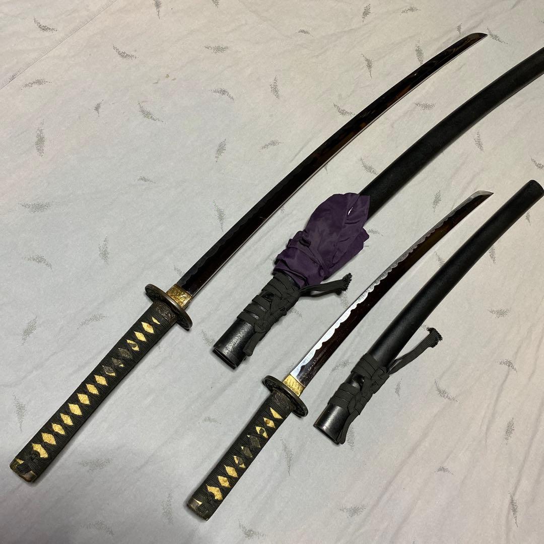 模造刀大(刀袋付)小2本 黒柄 雲龍楕円鍔 黒梨地鞘