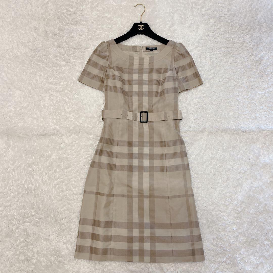 バーバリーロンドン 半袖 ベルト ノバチェック ワンピース シルク混 38