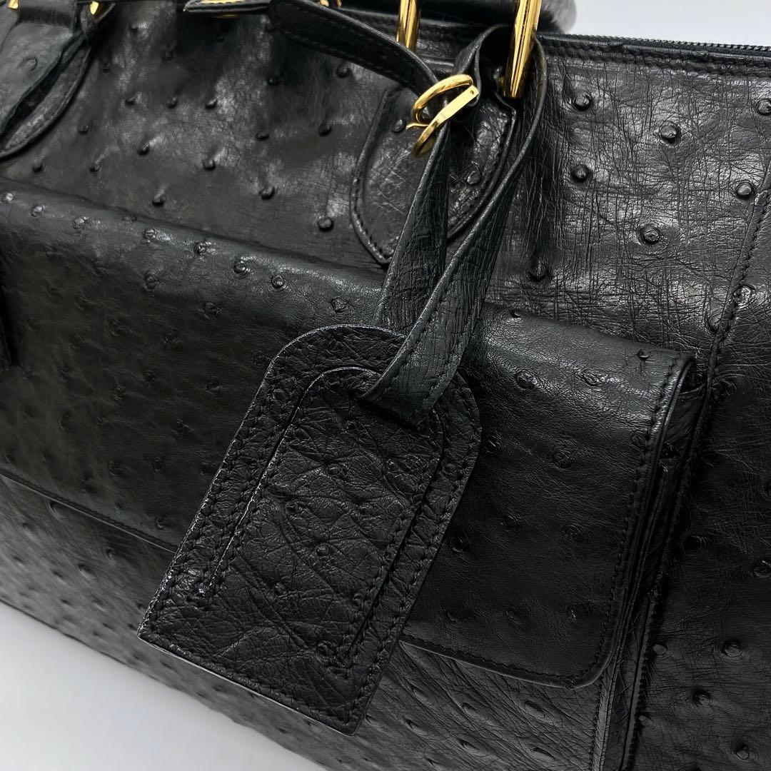 極美品　大型【オーストリッチ本革】ボストンバッグ　ゴールド金具　ブラック