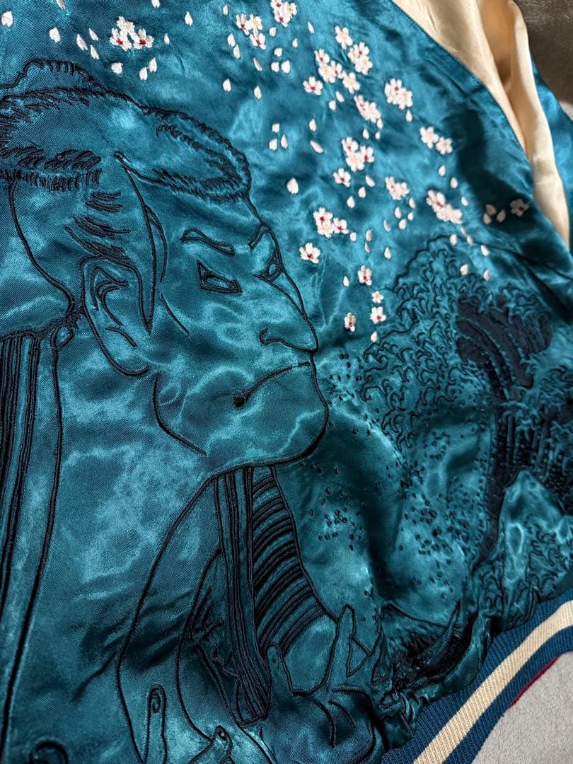 美品 ２面用 Japan 百花繚乱 風神 ワシ 桜 日本 スカジャン レーヨン