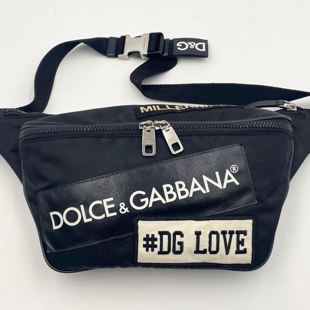 【美品】DOLCE&GABBANA ロゴプリント ベルトバッグ クロスボディ黒