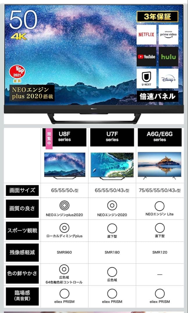 Hisense ハイセンス 50U8F 50V型　4K 液晶　テレビ　引取限定