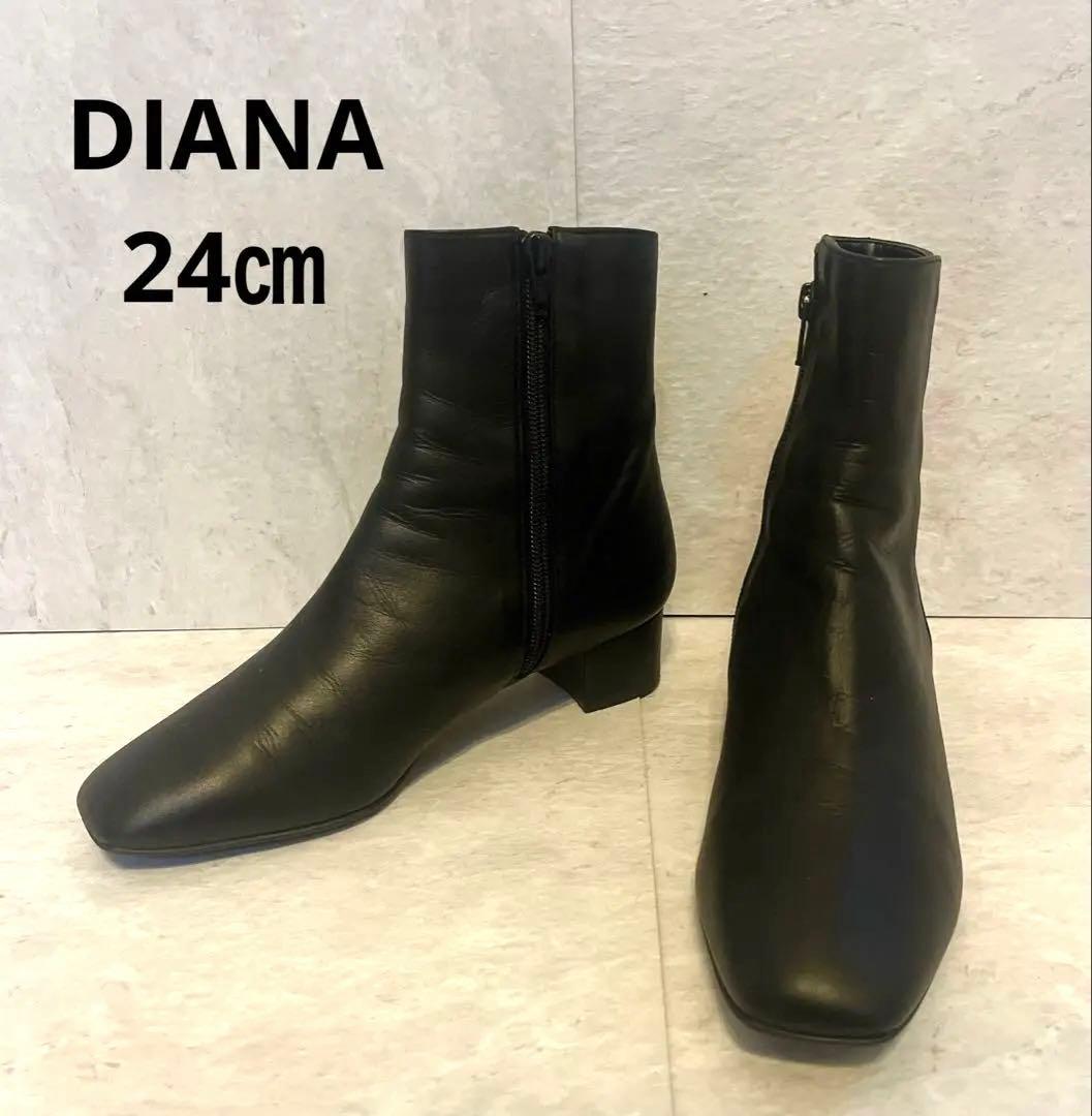 ダイアナ ショートブーツ スクエアトゥ サイドジップ ブラック 24㎝