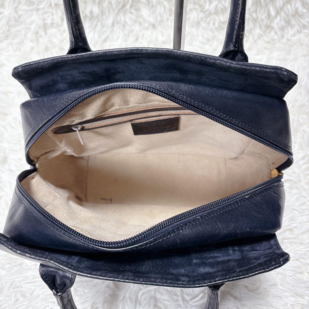 良品✨HIROFU ヒロフ レザー ハンドバッグ Hロゴ ネイビー ゴールド金具