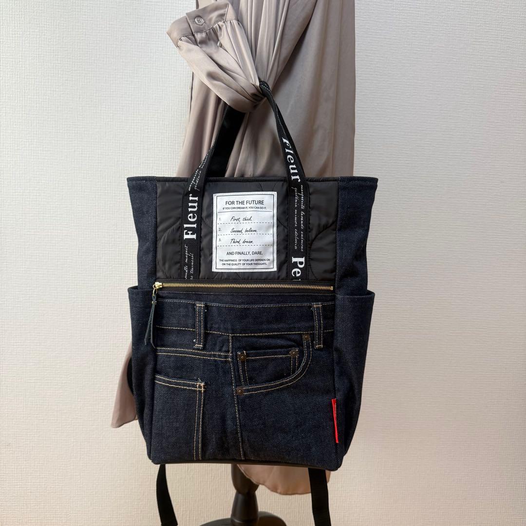 ☆デニムリメイク　ブラックひょうたんキルトとデニムのトートリュック☆