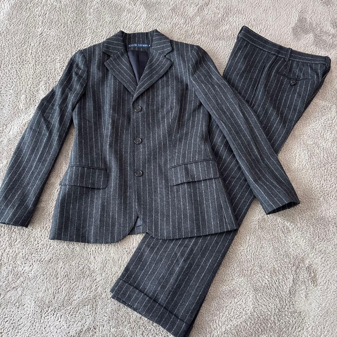 ラルフローレン ウール×カシミヤ混 セットアップスーツ　黒×白 ストライプ