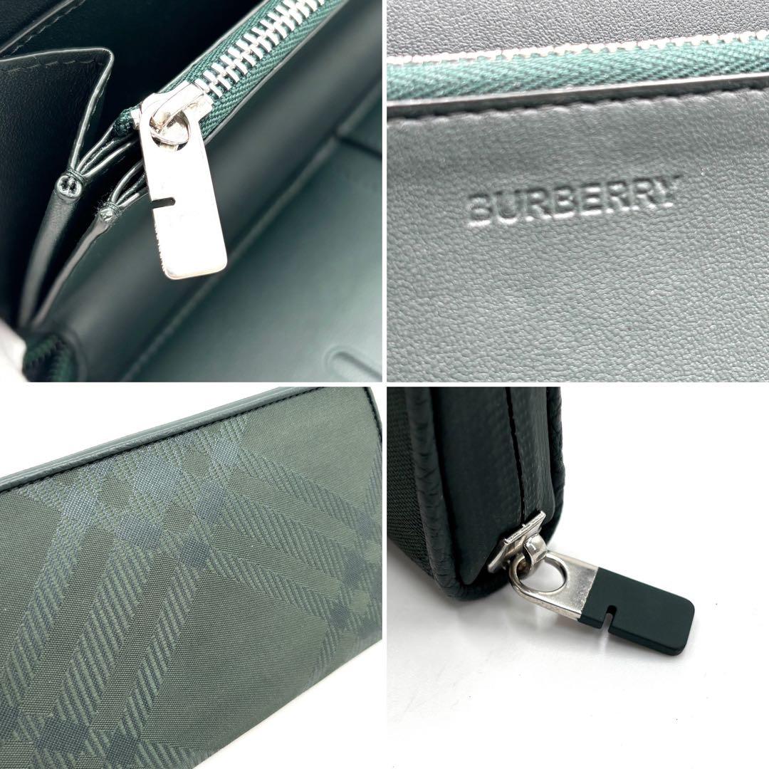 【現行・未使用に近い】バーバリー ラージチェックジャガード ジップウォレット 緑