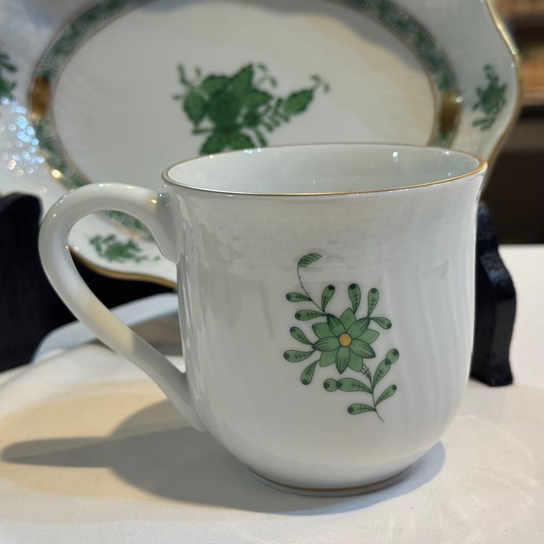 465＊ヘレンド アポニーグリーン カップ＆小皿 手描き