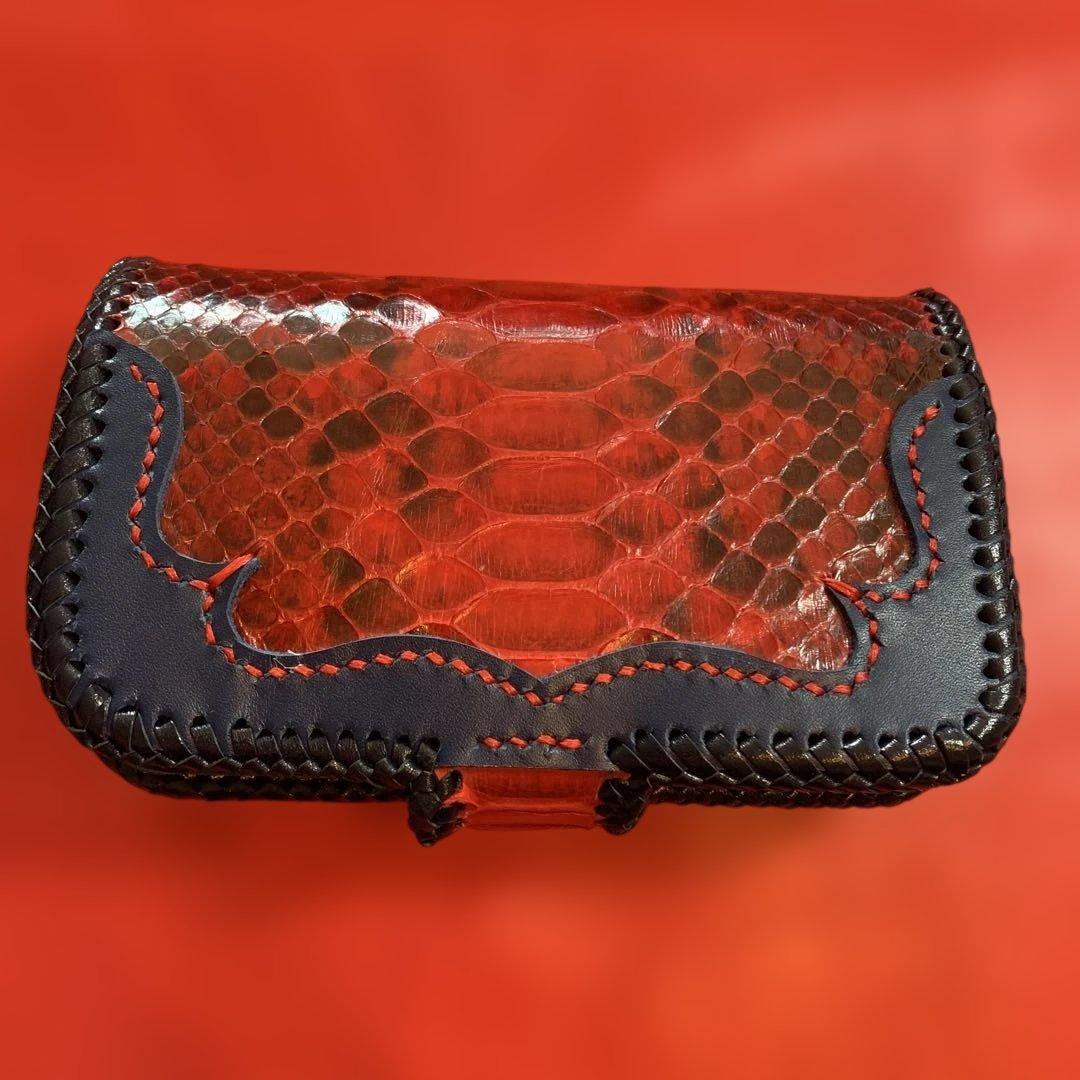 ハンドメイドレザークラフトレッドパイソンミドルウォレット牛革紺色牛レース編み紺色