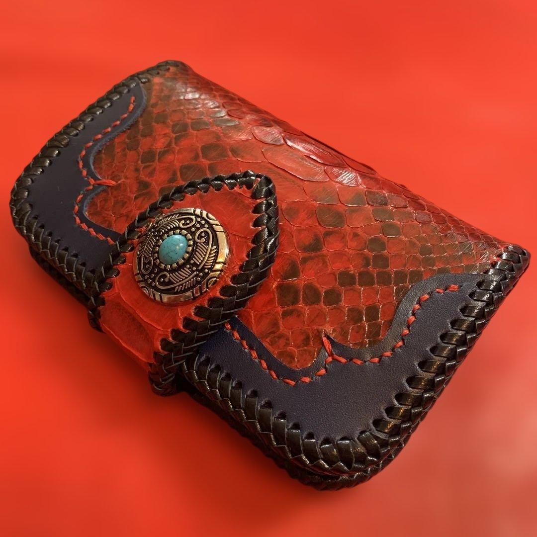 ハンドメイドレザークラフトレッドパイソンミドルウォレット牛革紺色牛レース編み紺色