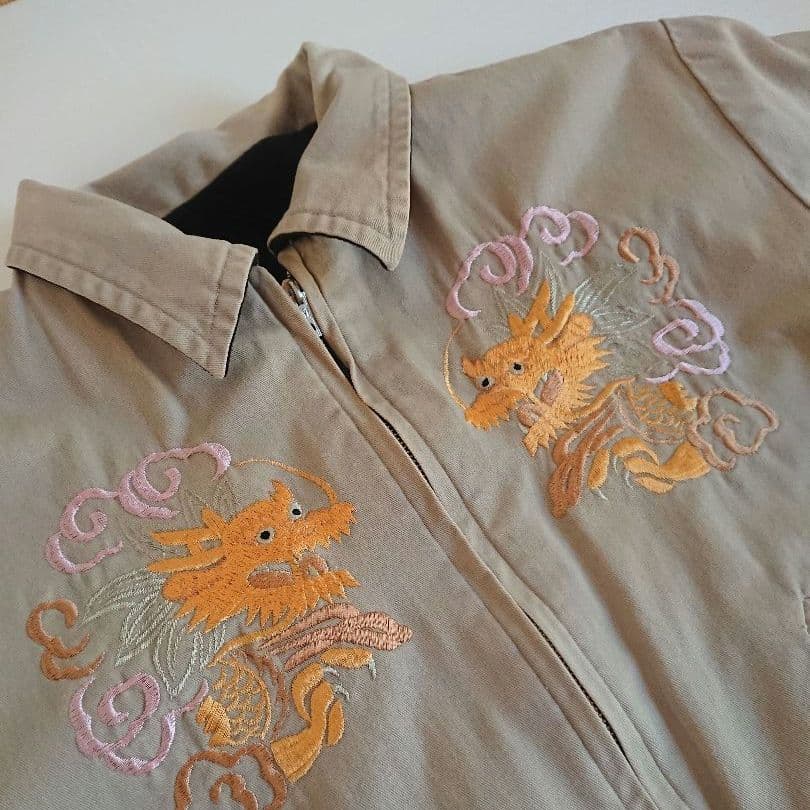 【希少】東洋テーラー 別珍 襟付 スカジャン M 黒 龍 鷹 刺繍 リバーシブル