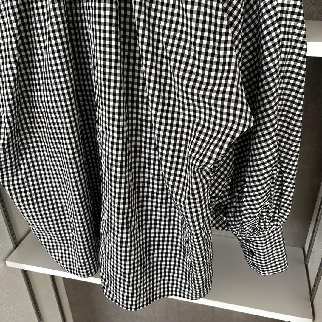ウィムガゼット　ギンガムチェックボウタイブラウス　ブラック　長袖　リボンコットン