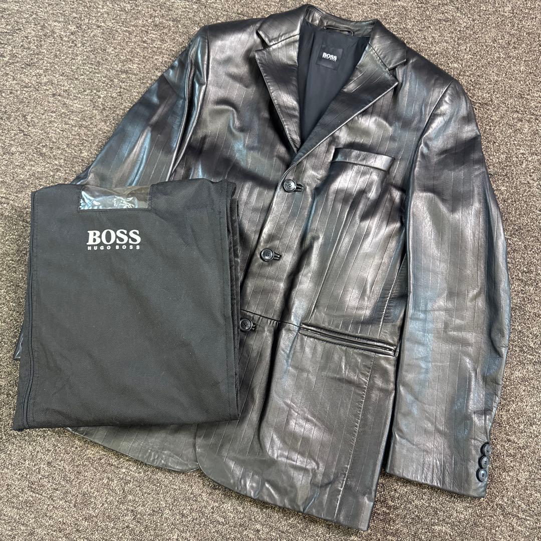 ヒューゴボス レザージャケット 羊革 ブラウン 光沢 48