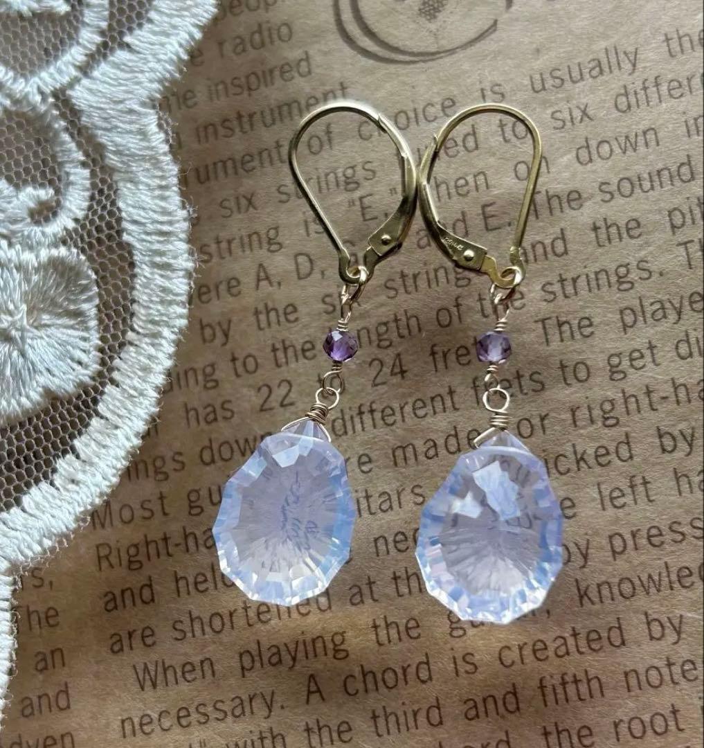 高品質スコロライトコンケーブカット＆宝石質アメジストのピアスチャーム他14kgf