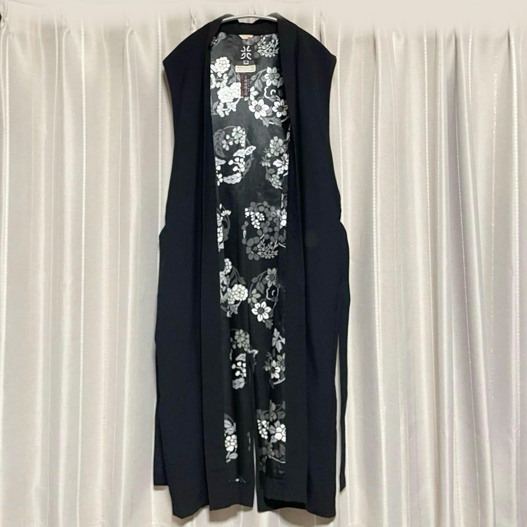 SOU•SOU 梳毛 羽織り 袷／ 濡羽色 × 花丸文様 ロングジレ S