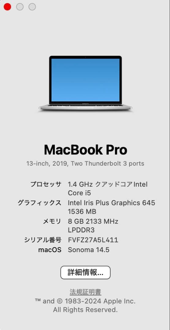 MacBook本体 MacBookPro 2019 13-inch 8GB