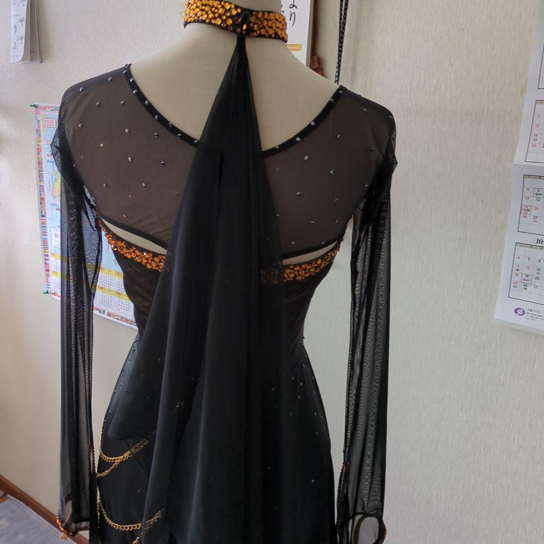 ma品 タカダンス 社交ダンス用黒ドレス 長袖 スパンコール&チョーカー付