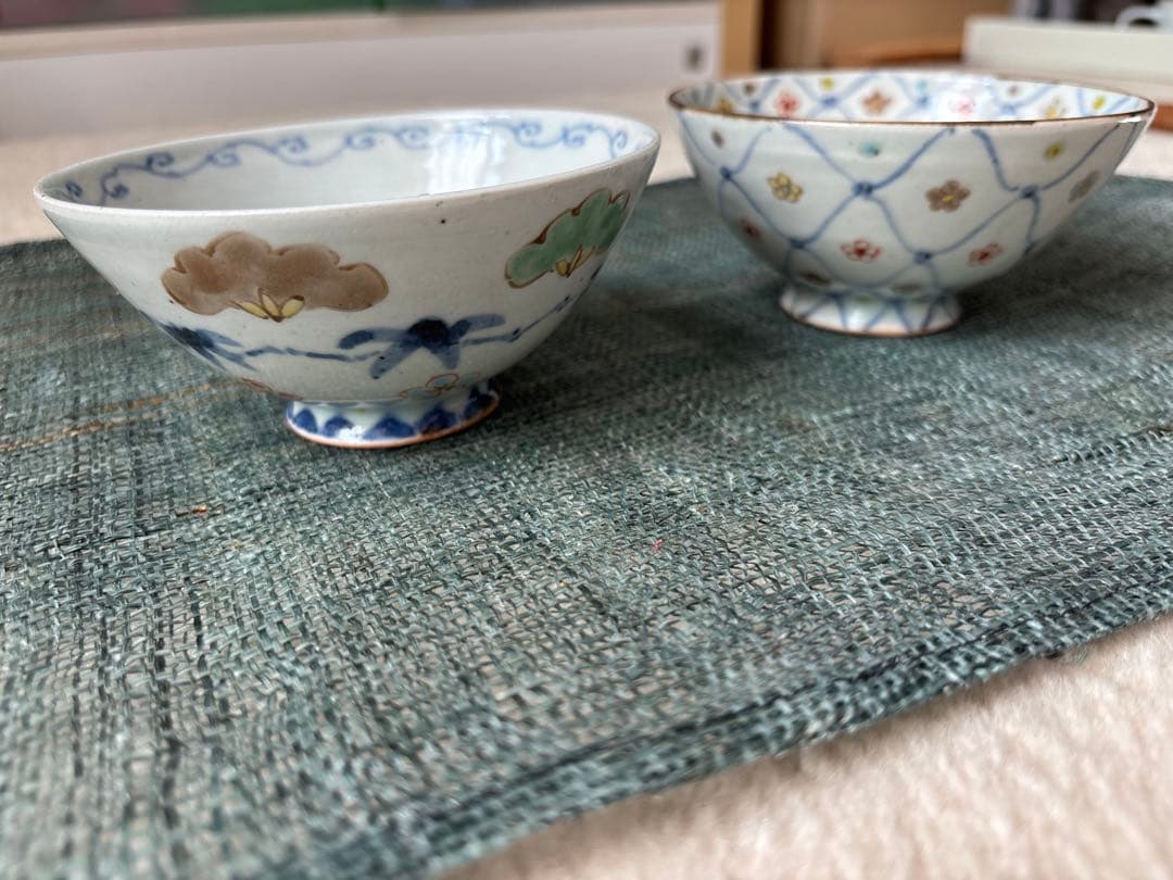 作家さん　飯碗2個セット 青と花模様