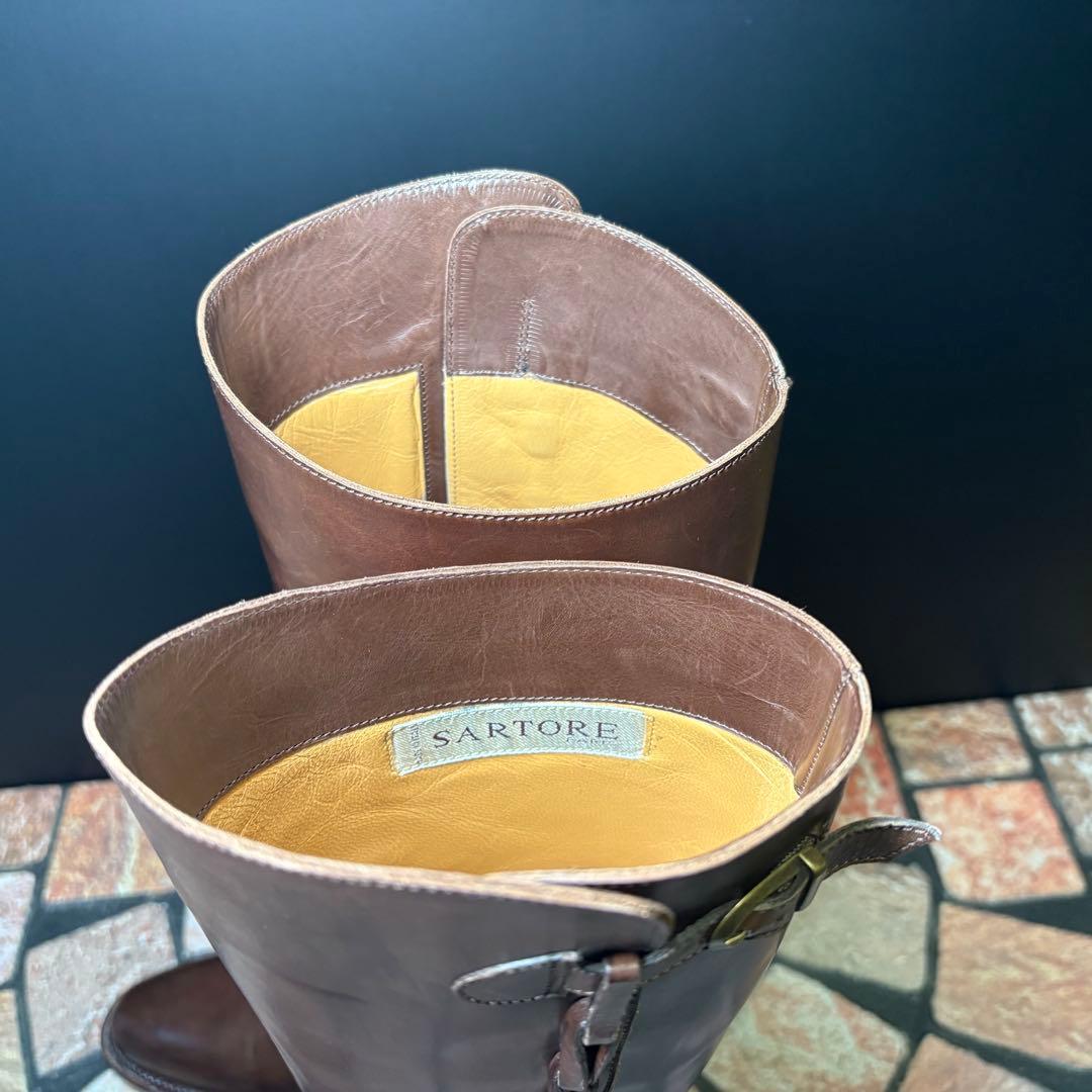 サルトル　ジョッキーブーツ　ロングブーツ 編み飾り　ベルト　本革　22.5cm