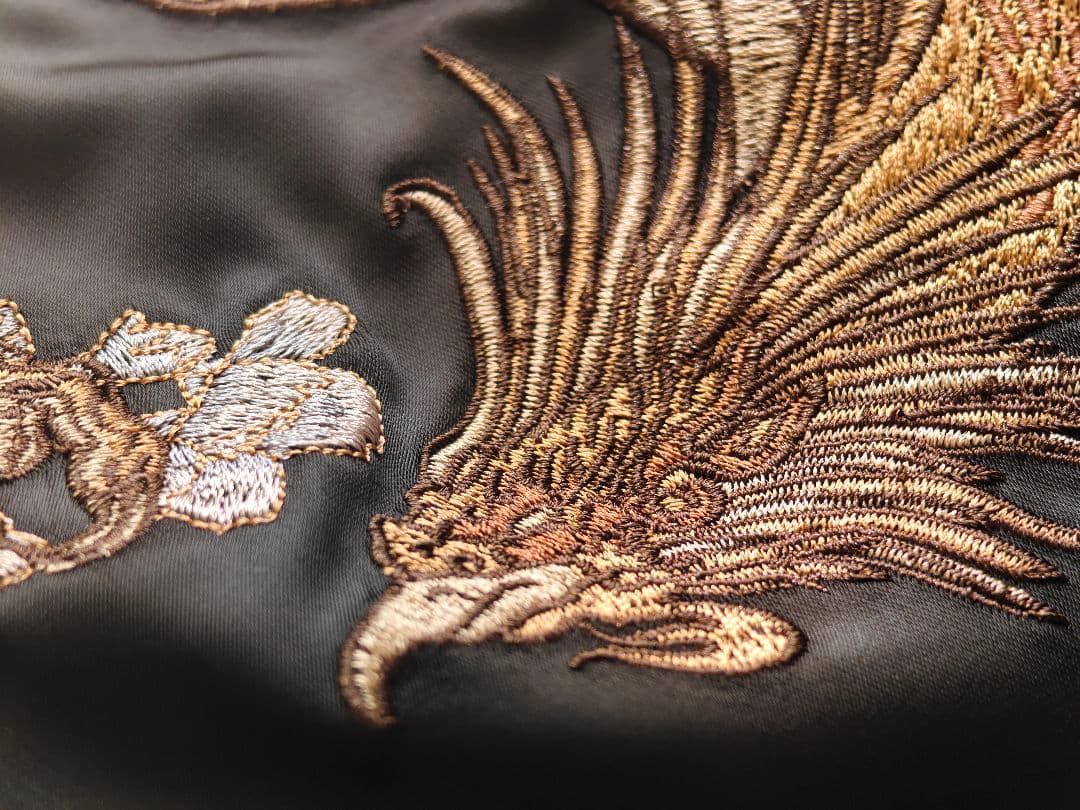 【超美品！】【超格好いい！】刺繍スカジャン黒サテン生地不死鳥 鳳凰 フェニックス