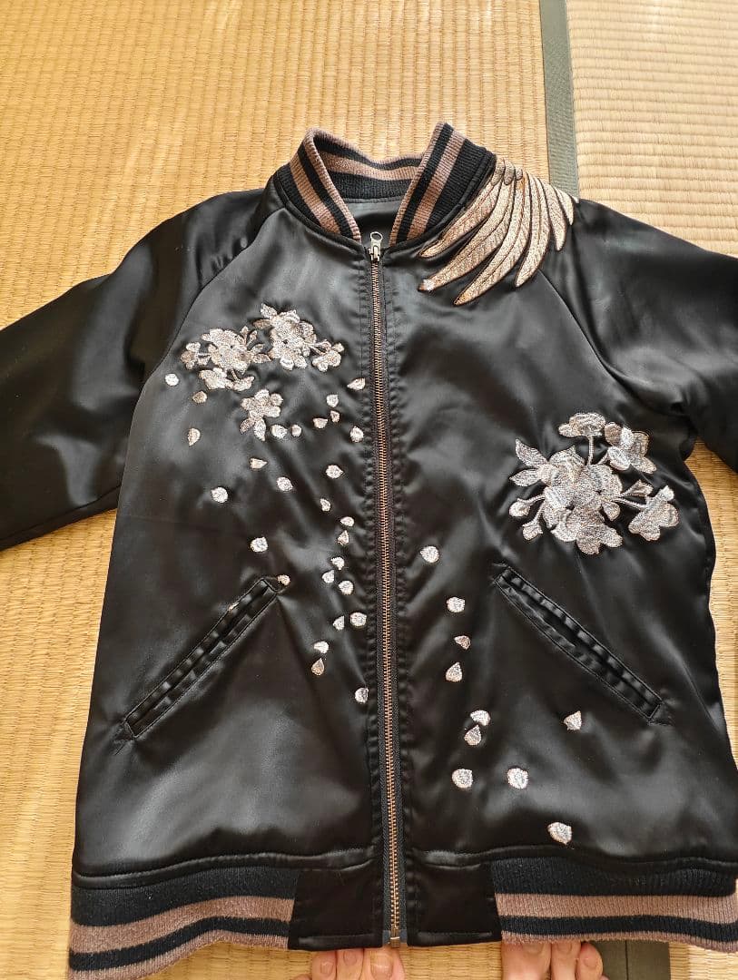 【超美品！】【超格好いい！】刺繍スカジャン黒サテン生地不死鳥 鳳凰 フェニックス