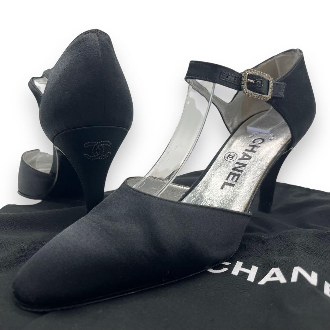 美品■シャネル　サテン地　パンプス　ブラック　ココマーク　アンクルストラップ