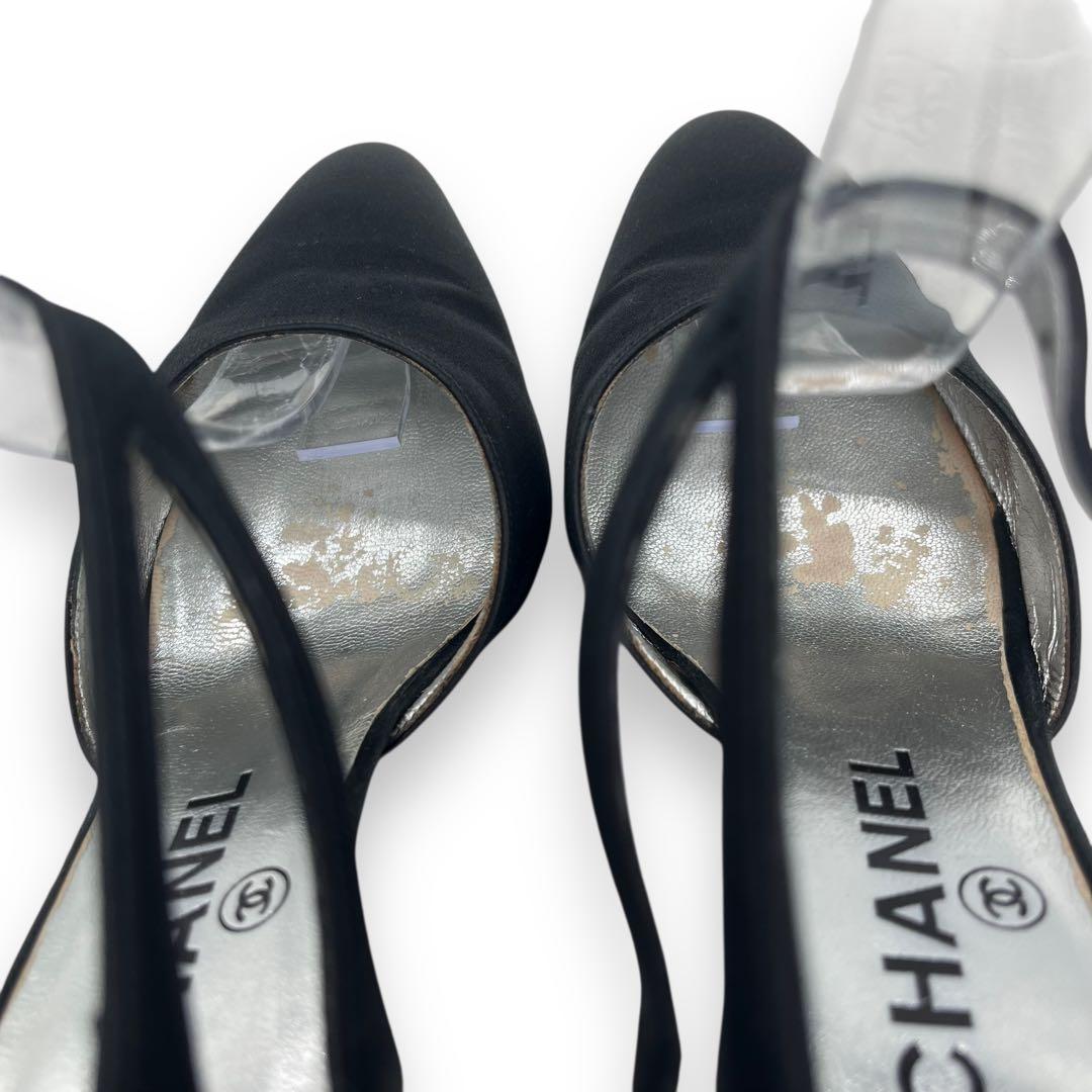 美品■シャネル　サテン地　パンプス　ブラック　ココマーク　アンクルストラップ