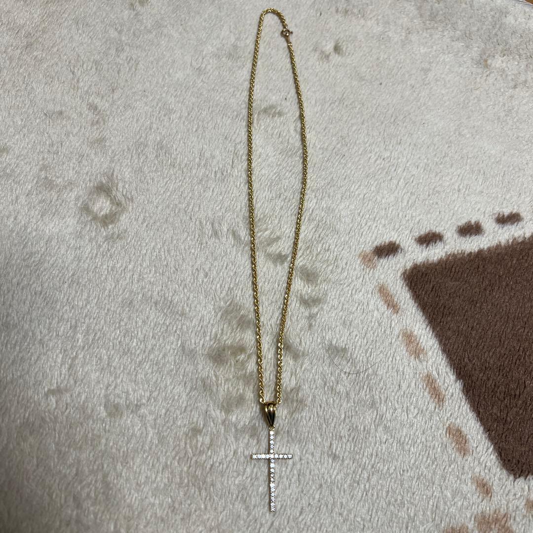 k18 金色ストーン付き十字架ネックレス