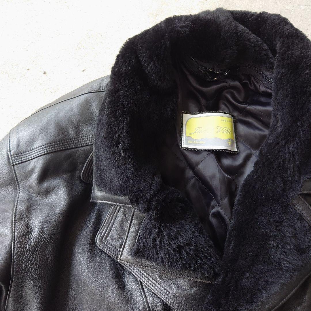 ヴィンテージ スペイン製襟ボアレザーブルゾンジャケット 短丈 本革 古着