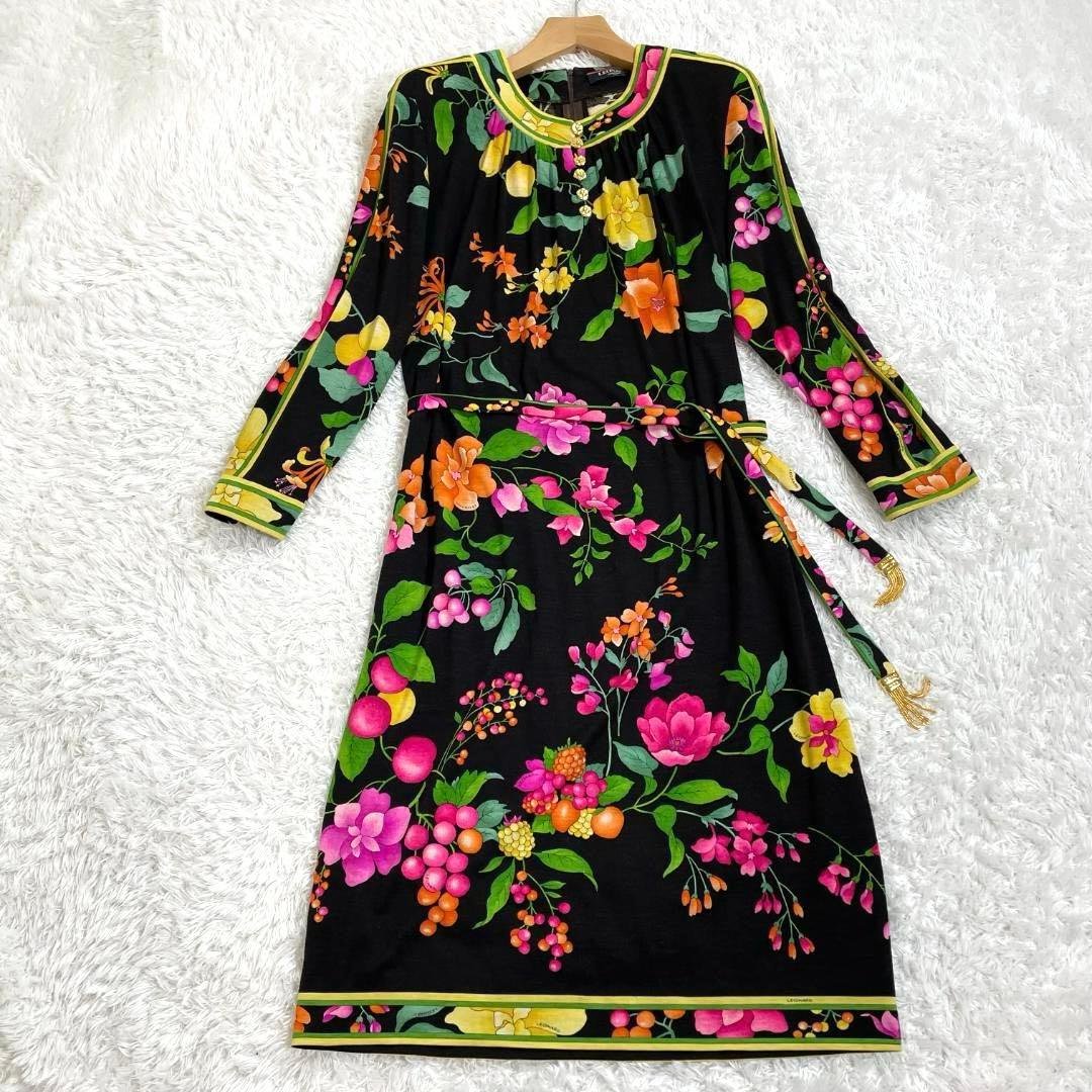 レオナール ロングワンピース 花柄 トリム ベルト付き 長袖ミディドレス L