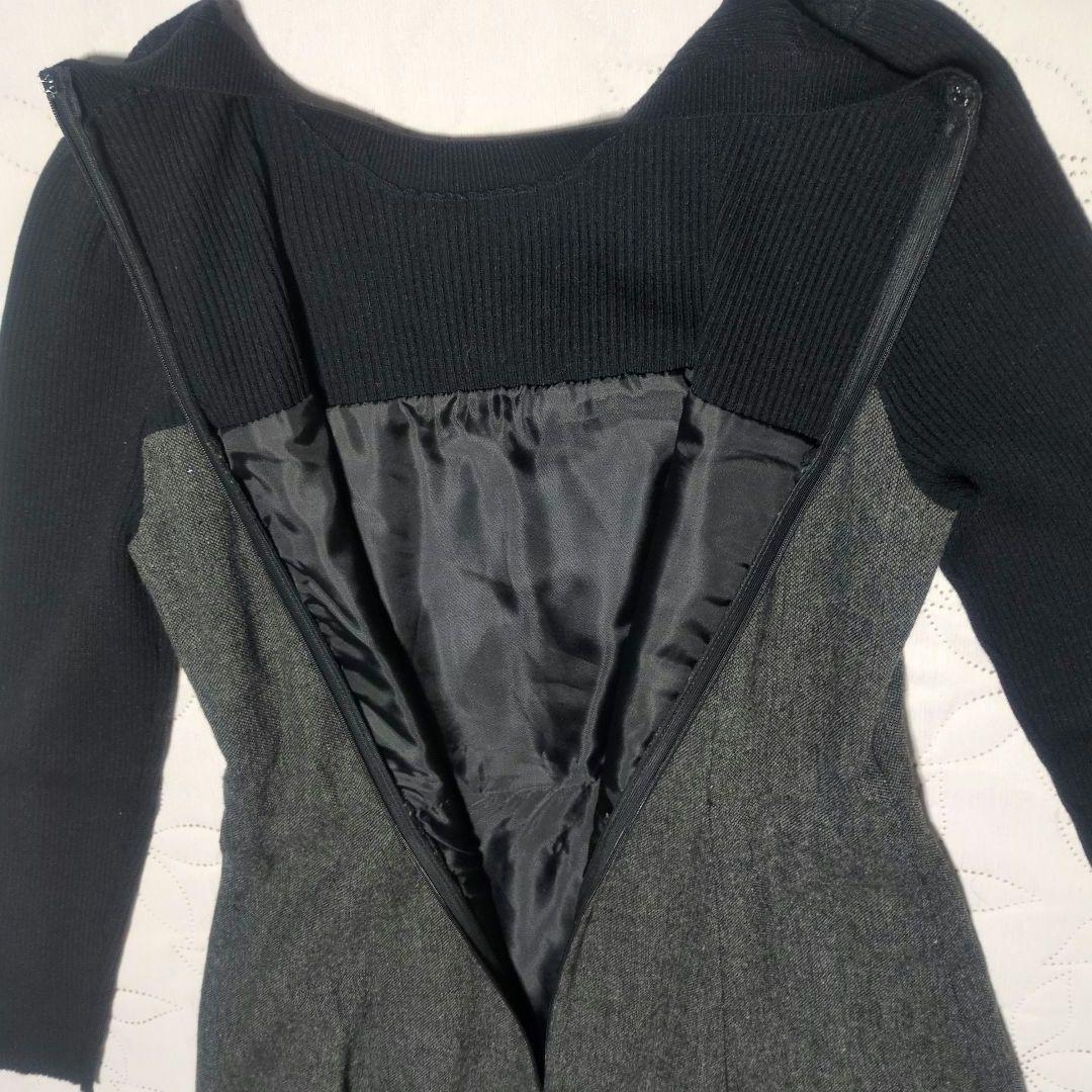 リボンディテールドッキングワンピース　ブラック×グレー　長袖