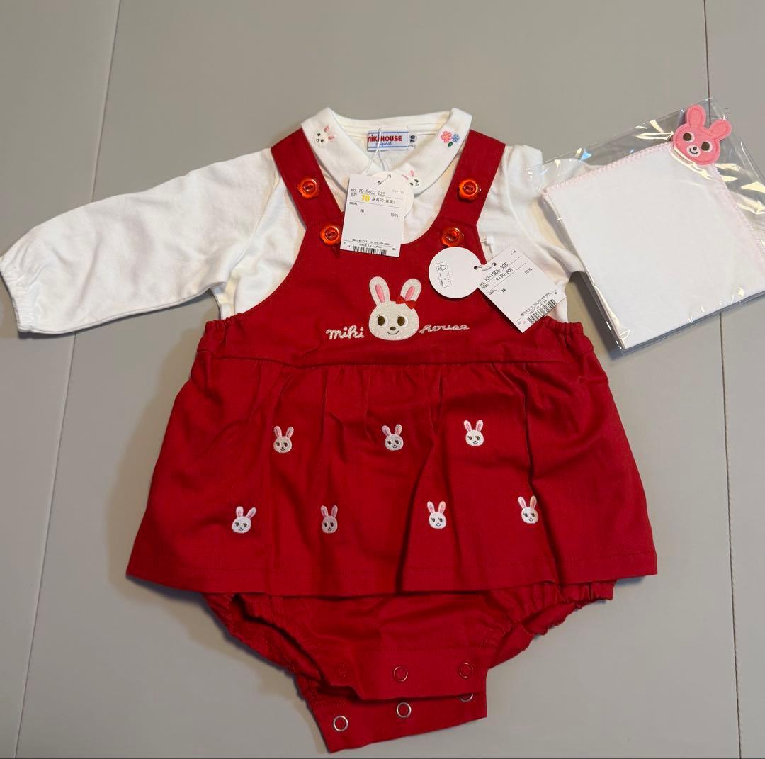 【新品未使用タグ付】ミキハウス ロンパース 赤 刺繍ホワイトブラウス ガーゼ付