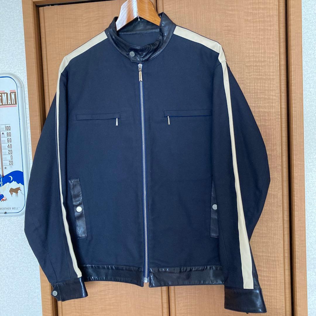 dunhill ネイビー　黒羊革トリム　ライダース　ドライビングジャケット　M