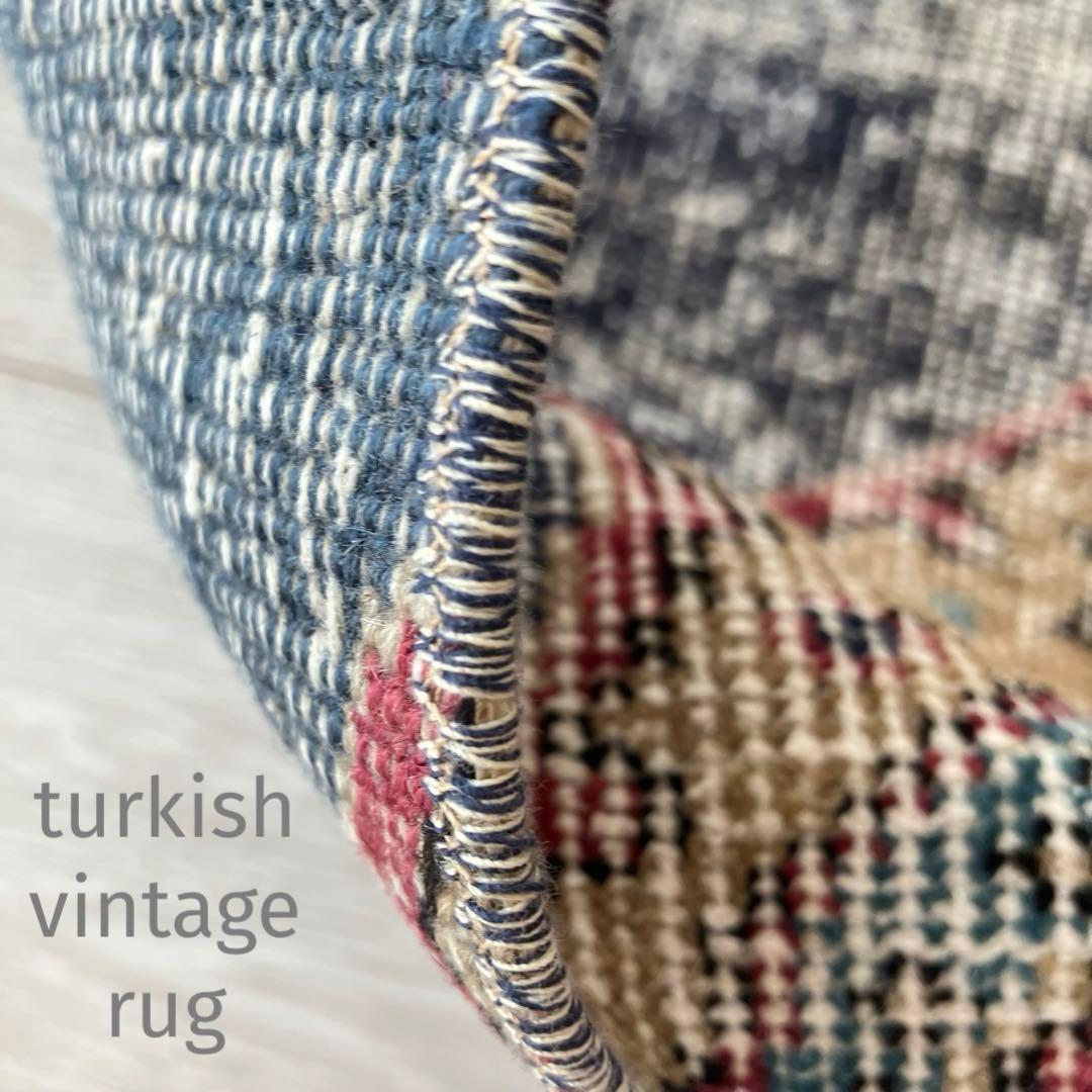 デニムブルー✳︎64×61 シャビー　キャラメル　レッド　トルコヴィンテージラグ