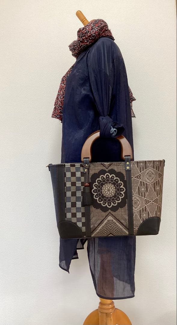 龍郷 大島紬 × 本革 着物リメイク トートバッグ 和装バッグ ハンドメイド