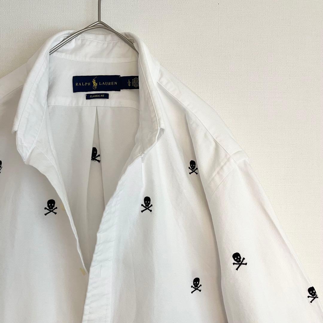 【超レア★未使用に近い】ラルフローレンスカル刺繍ボタンダウンシャツ★ホワイト白L