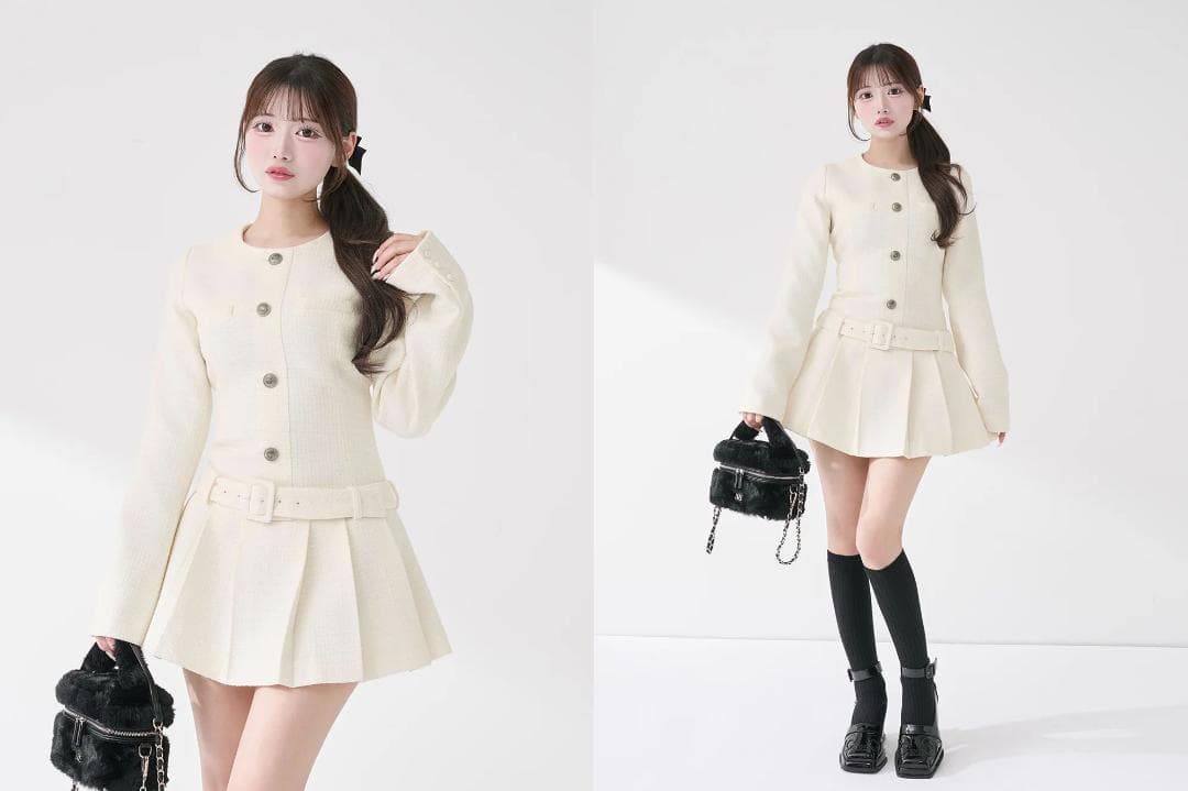 ダーリッチ darich ボックスプリーツツイードミニワンピース WHT F