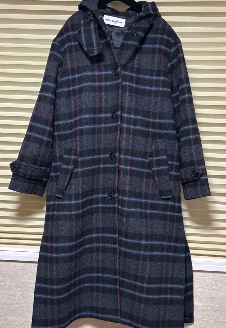 メゾンレネー　チェック　フード　ロングコート
