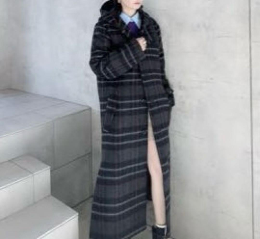メゾンレネー　チェック　フード　ロングコート