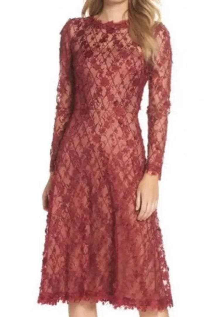 バーガンディ色 花柄レース 長袖ワンピース