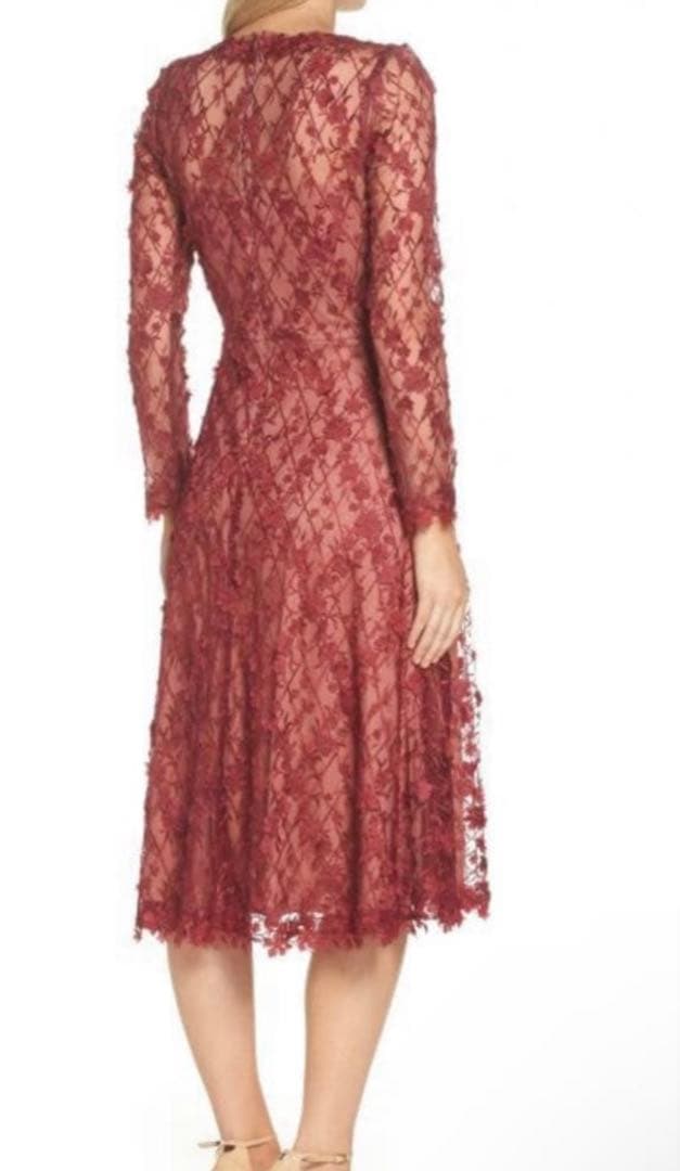 バーガンディ色 花柄レース 長袖ワンピース